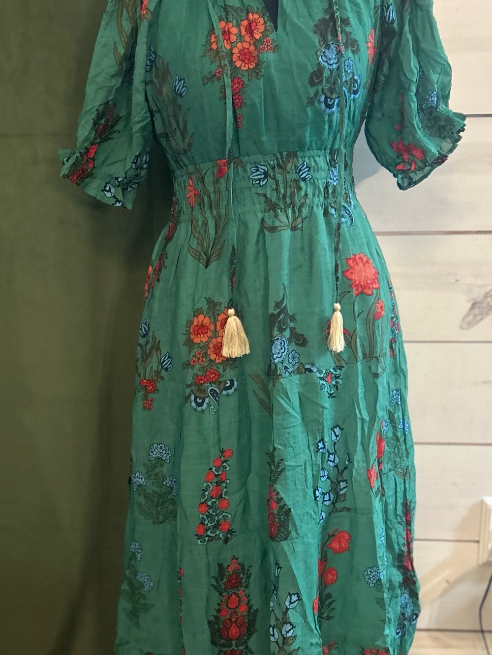 THML Green Floral Midi Dress with Tassel Waist